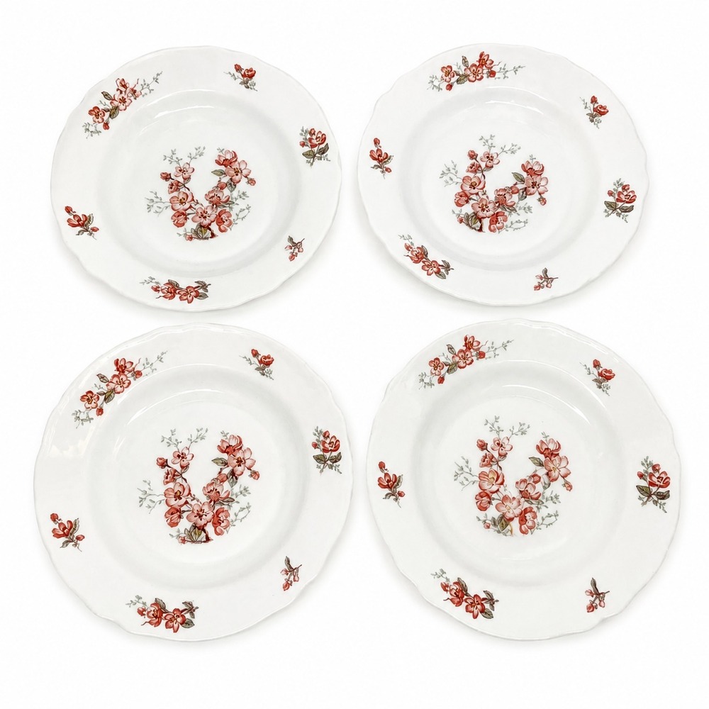 Vintage Set of 4 Arcopal France Pink Cherry Blossom 9" Soup Bowls/Salad Plate